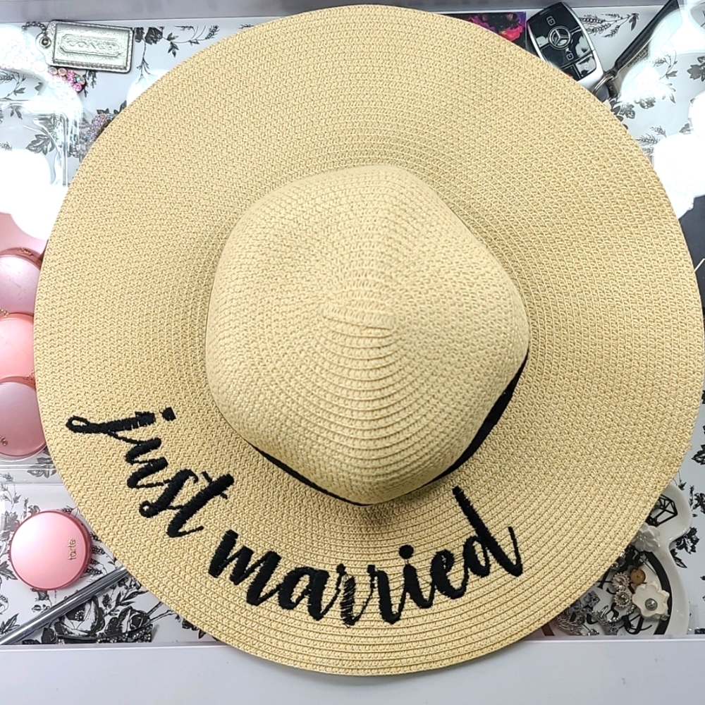 Just Married Honeymoon Floppy Straw Sun Hat Tan